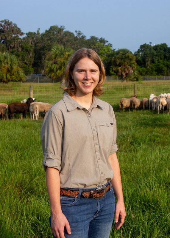 Person standing in a field with animals in the background.