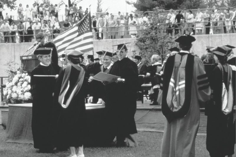 Black and white photo of a graduation.