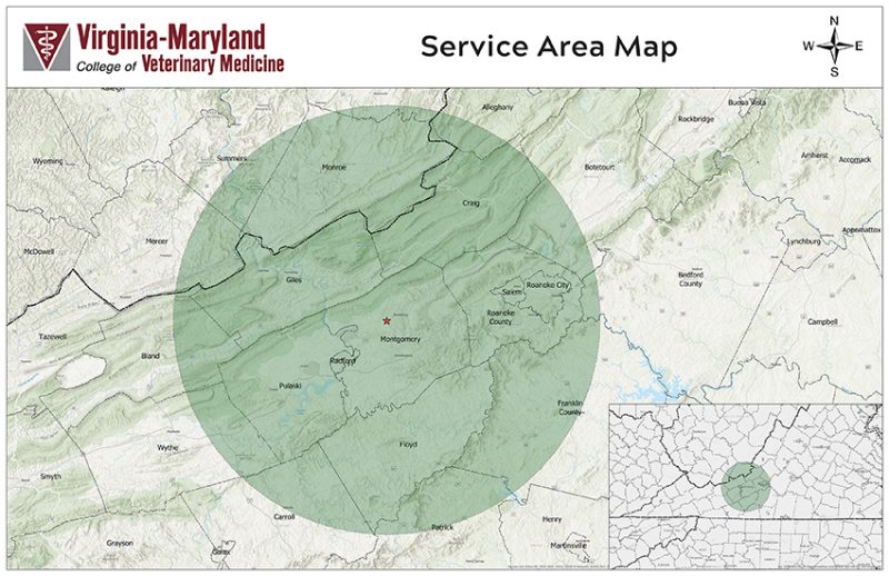 Map of Virginia Showing the VMCVM VTH service area.